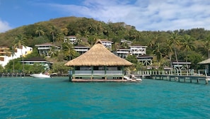 The Over Water Bungalow overlooks the beautiful lagoon of Bora Bora