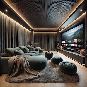 New Media Room with 100" TV and surround sound system. Coming May 1 (Rendering)