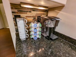 The fully-stocked coffee station will get your day started right