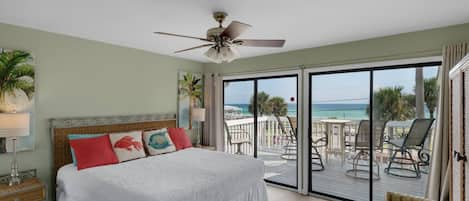 King bed in the primary bedroom with big GULF views from private patio - imagine enjoying your morning coffee or a cold afternoon beverage soaking in these views of Destin's famous Emerald waters!