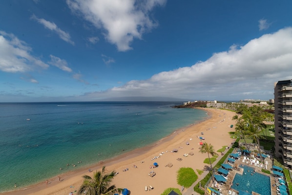 Picturesque lanai view of Kaanapali Beach and the famous Black Rock