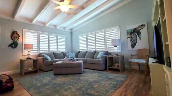 Living room area with new plantation shutters
