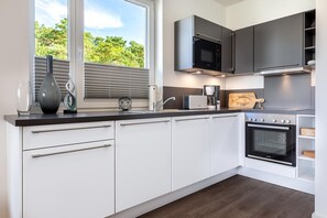 Küchenzeile mit Backofen, Mikrowelle und Geschirrspüler