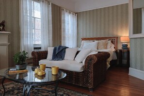 Queen bedroom with fireplace & garden views
