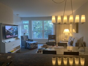 View of Living Room in Monarch villa, from Kitchen.