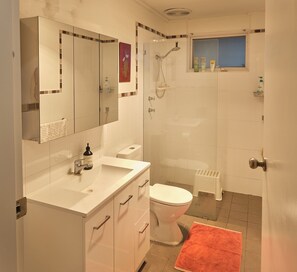 Bathroom has a high pressure shower