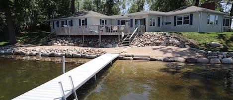 View of Pine Lake cottage from Dock looking toward beach.