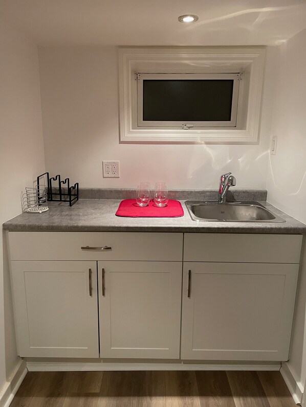 Kitchen area with microwave, electric stove, toaster oven, fridge and freezer.