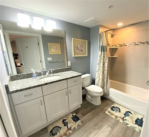 Nice bathroom with tub/shower combo and plenty of lighting and counter space