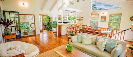 Upstairs 2nd story Kitchen, dining and living room with open Vaulted Ceilings.