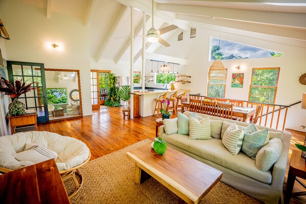 Upstairs 2nd story Kitchen, dining and living room with open Vaulted Ceilings.