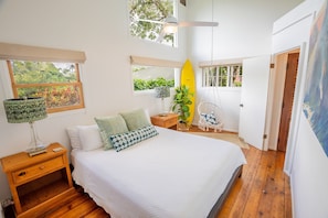 Upstairs master bedroom, CalKing with swinging chair, vintage floor & epic views