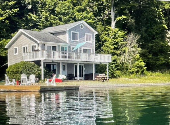 View of house, dock and beach from the water