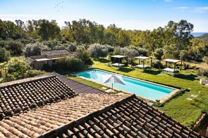 Panoramic view of the garden with pool