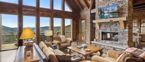 Great Room with Stone Fireplace and long-Range Views