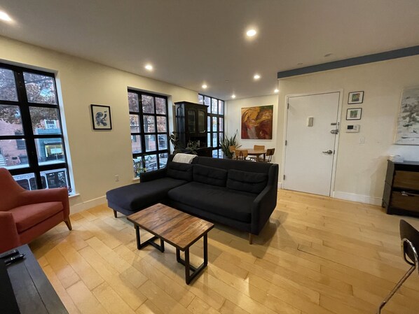 Open space living with a family room, dining room and kitchen.