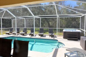 Your own private resort: enlarged enclosure, loungers, hot tub & heated pool.