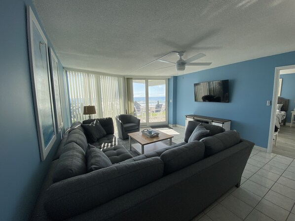 Beautiful view of the ocean from the living room with access to the patio.