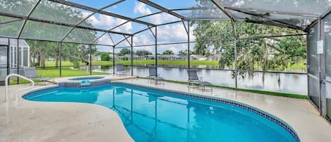 Private pool/spa (heating optional), expanded pool deck, and plenty of furniture