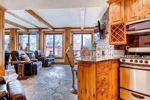 View of the living room, expansive windows, and fully-equipped kitchen with modern stainless steel appliances