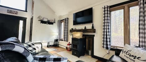 Living room with new furniture, pellet stove, and 55” TV.