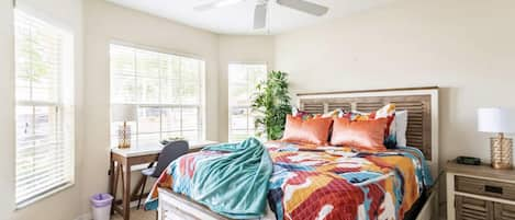 First bedroom is bright, airy and inviting. 