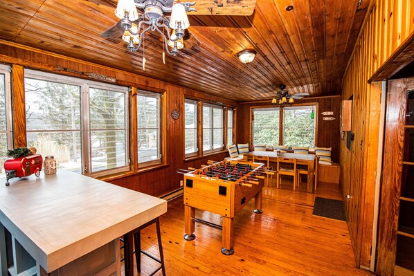 Gorgeous AllSeason Room, bar game table foos darts heat/ac surrounded in wood 