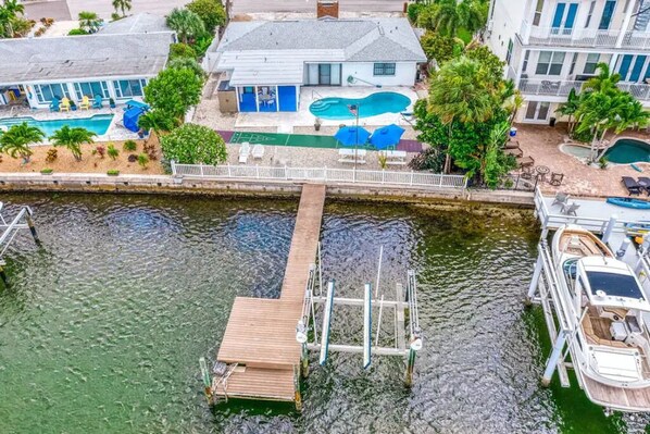 Waterfront home with pool and sauna