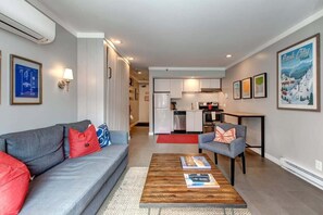 Another view from the gorgeous living area highlights the efficient layout and bright decor of this fabulous studio space. A queen-size murphy bed tucks away during the day and opens up the kitchen and dining areas.