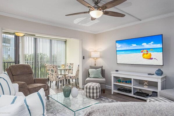 New furnishings in the living room with a Sony Smart TV and cable