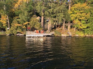 Water depth is 8 feet off end of dock and deepest part of lake is 50 feet