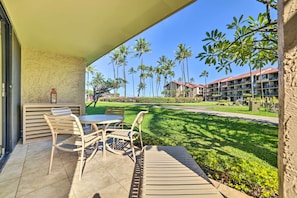 Private Covered Patio | Single-Story Condo | Resort Amenities for Additional Fee