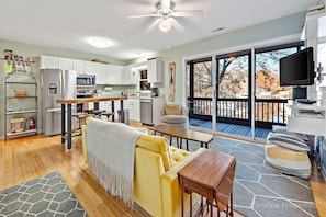 Cozy view of the living area and kitchen with views of Lake Lure