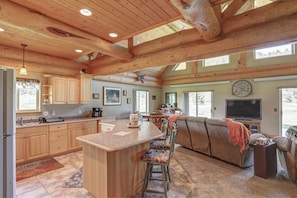 Elk Creek Retreat kitchen and main floor with log accents.