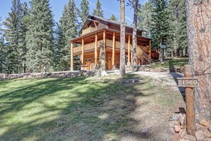 Eagle`s Lair front of cabin with pine forest.