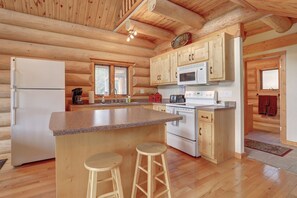 Dakota log Cabin kitchen with full log interior.