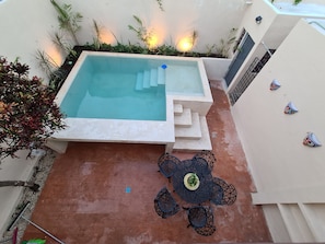 Beautiful pool painted with a mayan tree root whichs gives a greenish  color