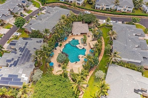 Bird's eye view of the pool and surrounding community