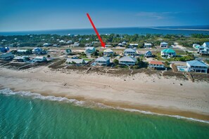 Aerial view of Sandy Feet from over the beautiful beach of St. George Island.