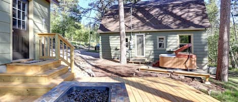 Back deck with fire pit and hot tub