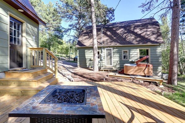 Back deck with fire pit and hot tub