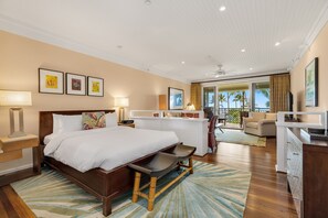 Bedroom with view! - Queen bed with luxury linens, light down comforter (down alternative available on request), view of SMART TV in living room.