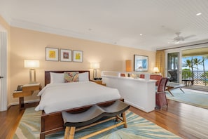 Bedroom with view! - Queen bed with luxury linens, light down comforter (down alternative available on request), view of SMART TV in living room.