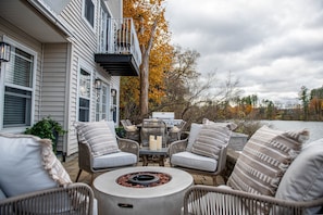 Enjoy the peace and beautify of Laurel Lake in comfort with propane fire pit