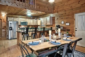 Custom live edge dining table to seat 6. Counter seating for 4.