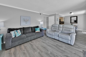 Sleeping sofa and leather recliners.