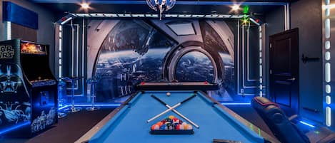 Personal Star Wars game room with 2 Xbox consoles, gaming chairs,  Karaoke Corner , air hockey , Arcade games right in your own home