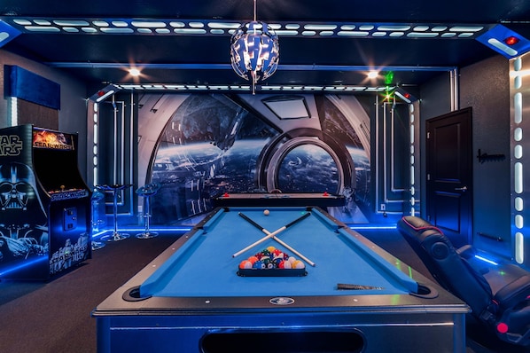Personal Star Wars game room with 2 Xbox consoles, gaming chairs,  Karaoke Corner , air hockey , Arcade games right in your own home