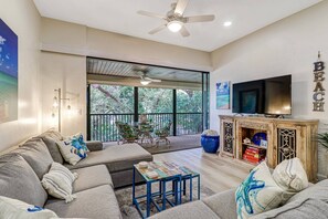 A large flatscreen Smart TV with cable programming is in the living area, for those nights you want to just stay in and watch TV.