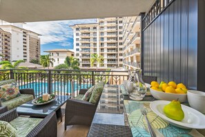 Outside table with gorgeous pool view